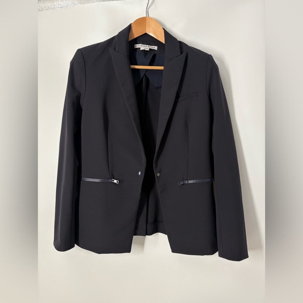 Veronica Beard Iconic Scuba Dickey Jacket Size 8 Navy Blue Blazer Zip Pockets - Picture 9 of 12